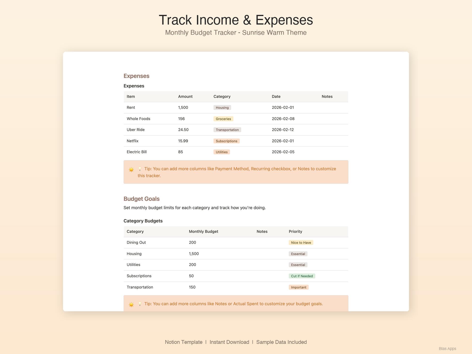 Monthly Budget Tracker Notion Template | Sunrise Warm Theme (digital ...