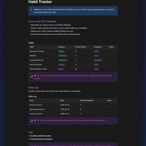 May include: A digital habit tracker template with a dark theme. The template includes sections for tracking habits, daily logs, and tips. The text is white on a dark background, with purple accents. The template is designed to help users build and maintain healthy habits.