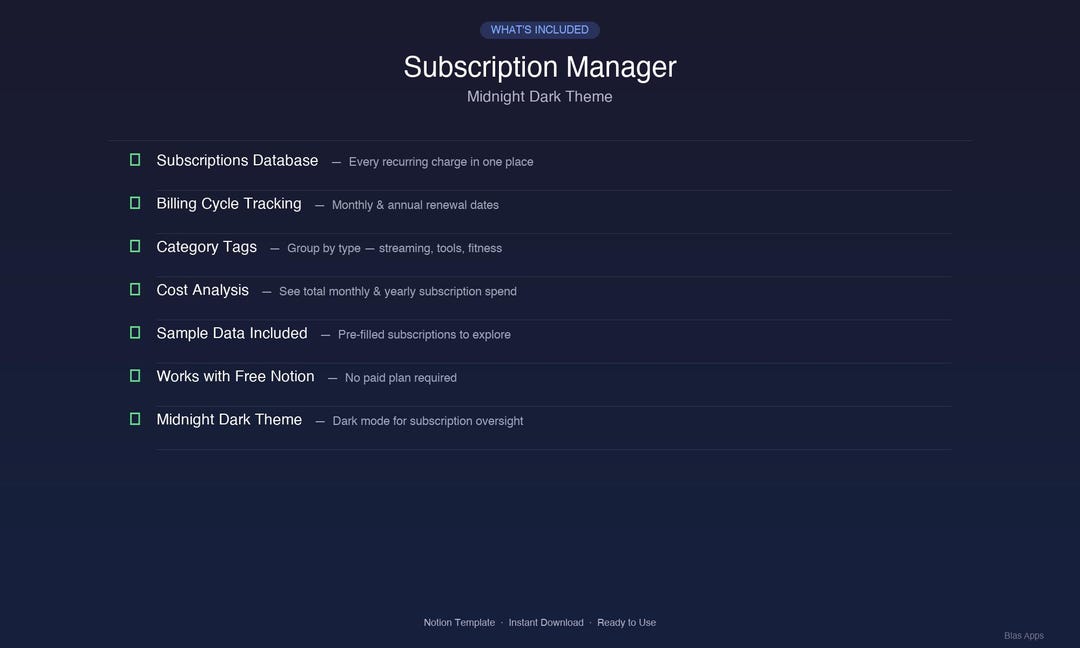 Subscription Manager Notion Template | Midnight Dark Theme (digital ...