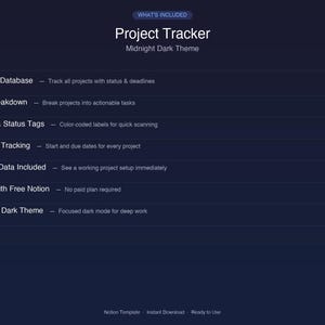 May include: A dark blue digital product image titled "Project Tracker" with the subtitle "Midnight Dark Theme." The image lists features like project database, task breakdown, and timeline tracking. The text is white on a dark blue background.