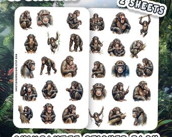 Chimpanzee Sticker Pack for Journals, Scrapbooks, Planners, Glossy, Matte Chimp Animal Stickers for Hobbies.