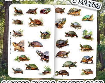 May include: A sticker pack with 28 painted turtle stickers on two sheets. The stickers depict turtle illustrations in green, brown, and red hues. The text "28 Stickers" and "2 Sheets" are at the top, with "Painted Turtle Sticker Pack" at the bottom.