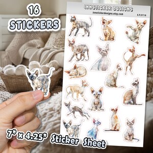 16pc Sticker Sheet, Devon Rex Cat Stickers for Journals, Scrapbooks, Planners, Waterproof, Glossy Cute Cat Stickers for Hobbies, C17