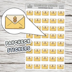May include: Sheet of stickers featuring yellow envelopes with a dollar sign, labeled "Paycheck Stickers." The stickers are arranged in rows and columns. The text "INNSTICKER DESIGNS" and a website address are also visible.