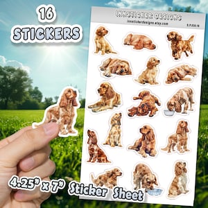 Pegatinas de Cocker Spaniel para diarios, álbumes de recortes y agendas. Pegatinas brillantes y mate con ilustraciones de perros para aficiones, d32