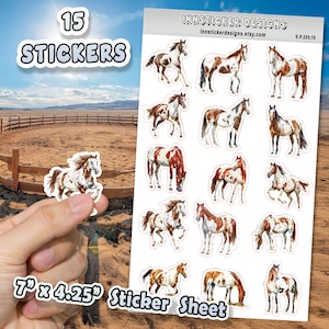 May include: A sticker sheet with 15 horse stickers. The stickers feature watercolor illustrations of horses in various poses and colors. The sticker sheet measures 7" x 4.25". The text "INNSTICKER DESIGNS" and "Sticker Sheet" are also visible.