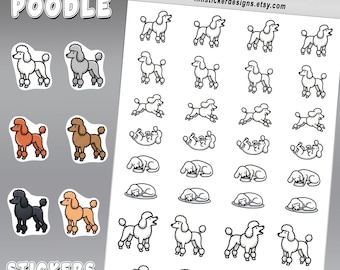 Mini Poodle Dog Icon Sticker Sheet, 36 Cartoon Pet Stickers, Coat Color Options for Journals, Scrapbooks, Planners