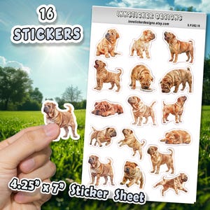 Pegatinas de perro Shar Pei para diarios, álbumes de recortes y planificadores. Pegatinas brillantes y mate con ilustraciones de perros para aficiones y regalos. d82