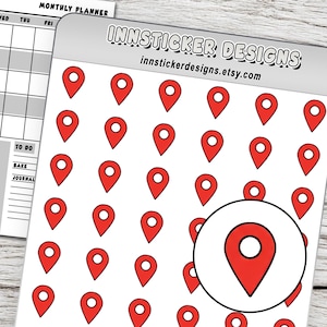 May include: A sticker sheet featuring numerous red map pin icons with white centers, labeled INNSTICKER DESIGNS and innstickerdesigns.etsy.com at the top, alongside a partial view of a monthly planner page with a to-do list section.