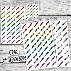 May include: Pen stickers in a range of colours, including red, orange, yellow, green, blue, and purple, are displayed on white sheets. The stickers are arranged in rows. The text "PEN STICKERS" is also visible.