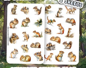 May include: Chipmunk sticker pack with 28 stickers on 2 sheets. The stickers feature watercolor illustrations of chipmunks in various poses. The stickers have a white border and the text "CHIPMUNK STICKER PACK" is at the bottom.