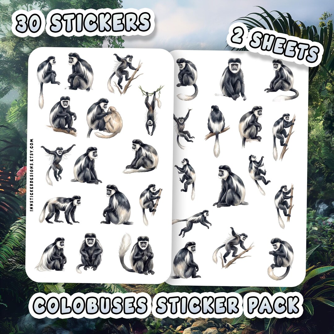 Colobus Monkey Stickers, Glossy Matte Wild Animal Primate Pack (30 ...