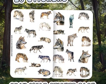 May include: A sheet of 28 stickers featuring various illustrations of gray wolves in different poses. The text "28 STICKERS" is at the top, and "GRAY WOLF STICKER PACK" is at the bottom. The background is a forest scene.