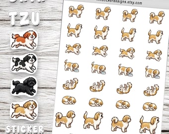 Mini Shih Tzu Dog Icon Sticker Sheet, 36 Cartoon Pet Stickers, Coat Color Options for Journals, Scrapbooks, Planners