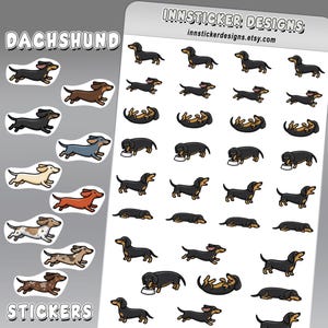 Mini Dachshund Icon Sticker Sheet, 36 Cartoon Pet Stickers, Coat Color Options for Journals, Scrapbooks, Planners