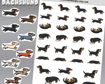 Mini Dachshund Icon Sticker Sheet, 36 Cartoon Pet Stickers, Coat Color Options for Journals, Scrapbooks, Planners