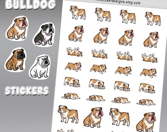 Mini Bulldog Icon Sticker Sheet, 36 Cartoon Pet Stickers, Coat Color Options for Journals, Scrapbooks, Planners