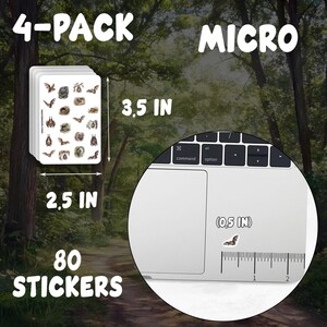 The image is a promotional advertisement for stickers, featuring a laptop and a forest background. The ad provides information about the stickers, including their size and the number of stickers in a 4-pack.