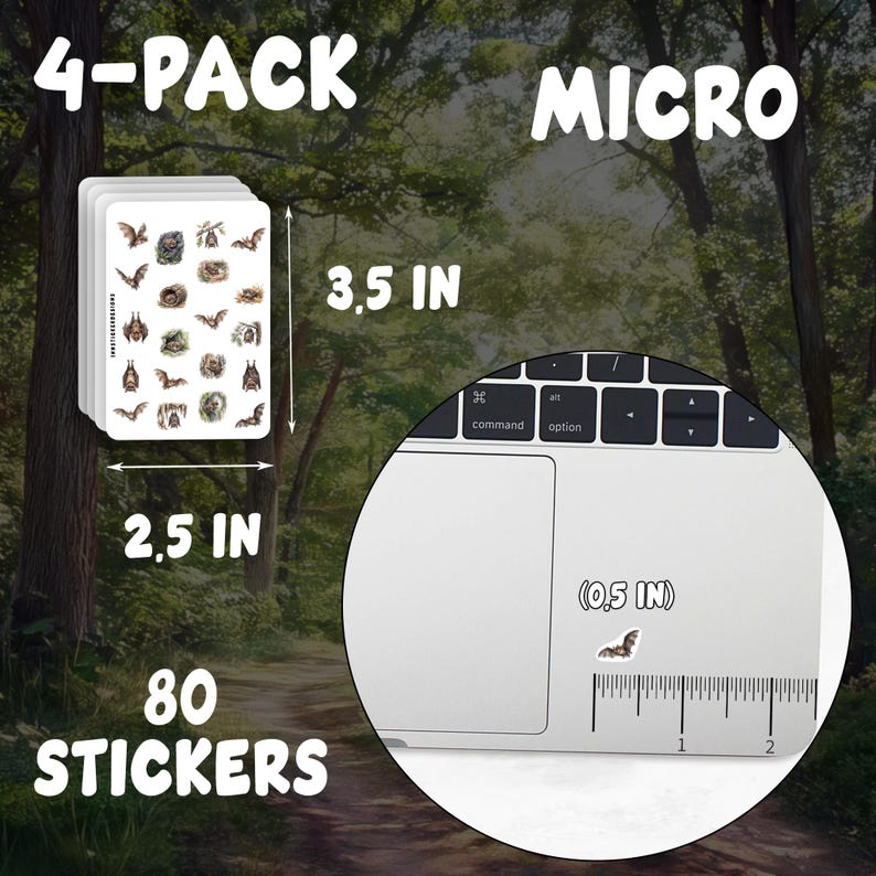 The image is a promotional advertisement for stickers, featuring a laptop and a forest background. The ad provides information about the stickers, including their size and the number of stickers in a 4-pack.