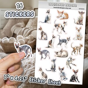 16 Stück Aufkleberbogen, Cornish Rex Katzenaufkleber für Journals, Scrapbooks, Planer, wasserdichte, glänzende niedliche Katzenaufkleber für Hobbys, C16