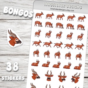 May include: A sticker sheet featuring 38 individual bongo antelope stickers in various poses, including standing, grazing, and head portraits. The sheet includes the text INNSTICKER DESIGNS and innstickerdesigns.etsy.com at the top.