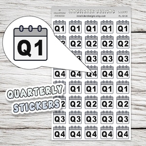 May include: Sheet of quarterly stickers with calendar icons, labeled Q1, Q2, Q3, and Q4. The stickers are black and white, with the text "Quarterly Stickers" and the Etsy shop name "Innsticker Designs".