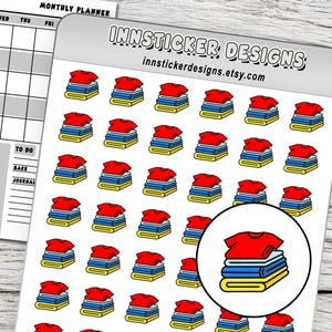 May include: A sticker sheet featuring multiple icons of folded laundry stacks, each consisting of a red t-shirt on top of blue and yellow folded garments. The header text reads INNSTICKER DESIGNS and innstickerdesigns.etsy.com, with a monthly planner visible.