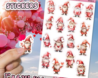 16pc Sticker Sheet, Valentine's Day Gnome Stickers, Romantic Gnome Heart Stickers, Planners, Waterproof, Glossy/Matte Stickers, Hobbies,V28