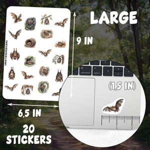 The image is a sticker with various bat images, and it is described as a "large" sticker that is 9 inches in size. It is also shown in a sticker-sized image, which is 1.5 inches in size. The image also includes a ruler for scale, and it is described as a "20 STICKERS" sticker.