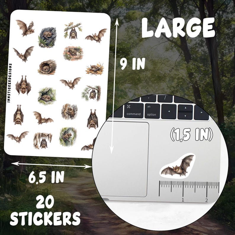 The image is a sticker with various bat images, and it is described as a "large" sticker that is 9 inches in size. It is also shown in a sticker-sized image, which is 1.5 inches in size. The image also includes a ruler for scale, and it is described as a "20 STICKERS" sticker.