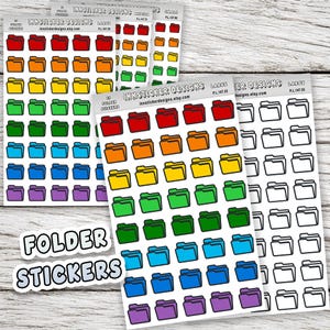 May include: Sheets of colorful folder stickers in a rainbow of hues, including red, orange, yellow, green, blue, and purple. The stickers are arranged in rows and columns, with a white background. The text "FOLDER STICKERS" is also visible.