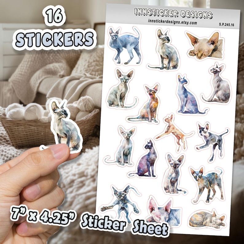 16pc Sticker Sheet, Sphynx Cat Stickers for Journals, Scrapbooks ...