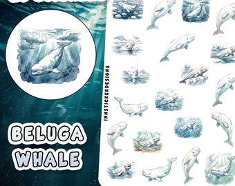 Beluga Whale Stickers for Journals, Scrapbooks, Planners, Glossy, Matte Wild Animal Sticker Sheet.