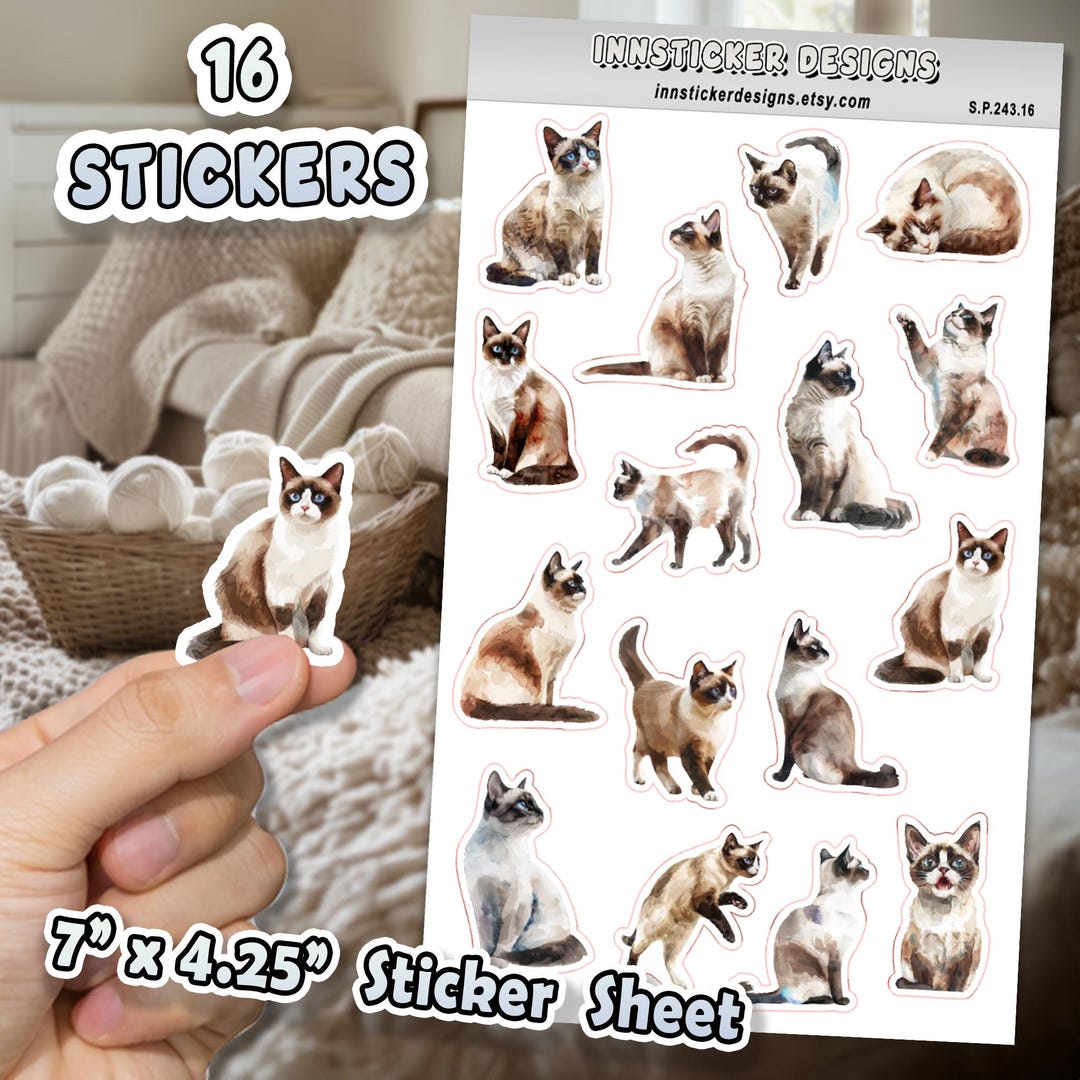 16pc Sticker Sheet, Snowshoe Cat Stickers for Journals, Scrapbooks ...