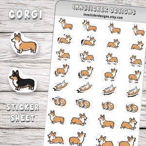 May include: A sticker sheet featuring numerous small, cartoon-style illustrations of Corgi dogs in various poses, including standing, running, and sleeping. The sheet includes the text INNSTICKER DESIGNS and the URL innstickerdesigns.etsy.com.