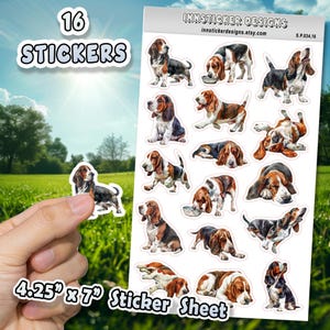 Basset Hound Dog Stickers for Journals, Scrapbooks, Planners, Glossy, Matte Illustrated Dog Stickers for Hobbies, d34