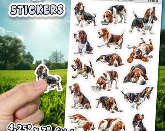 Basset Hound Dog Stickers for Journals, Scrapbooks, Planners, Glossy, Matte Illustrated Dog Stickers for Hobbies, d34