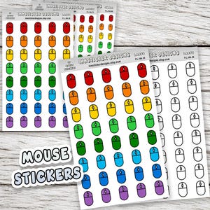 May include: Sheets of colorful mouse stickers in a variety of sizes. The stickers feature a rainbow of colors, including red, orange, yellow, green, blue, and purple. The text "MOUSE STICKERS" is also visible.