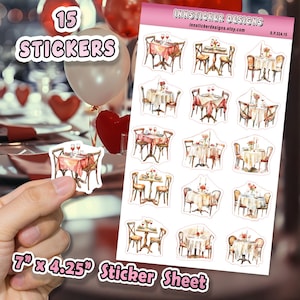 May include: A sheet of 15 stickers featuring watercolor illustrations of restaurant tables set for a romantic dinner. The sticker sheet measures 7" x 4.25". The stickers are in a variety of shapes and sizes, with a pink and white color scheme.