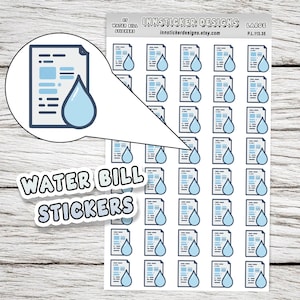 May include: Sheet of water bill stickers. Each sticker features a light blue water droplet and a document with lines, resembling a bill. The words "WATER BILL STICKERS" are also visible.