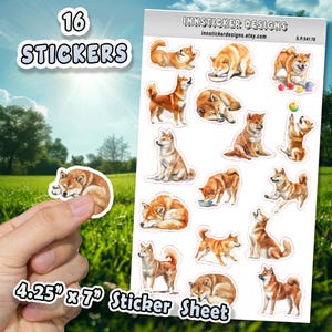16pc Sticker Sheet, Shiba Inu Dog Stickers for Journals, Scrapbooks, Planners, Waterproof, Glossy Cute Dog Stickers for Planners, Gift