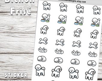 Mini Bichon Frise Icon Sticker Sheet, 36 Cartoon Pet Stickers, Coat Color Options for Journals, Scrapbooks, Planners