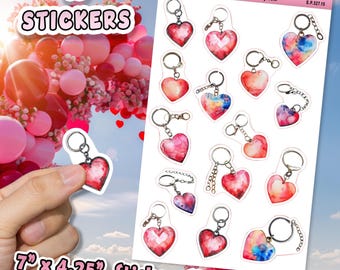 15pc Sticker Sheet, Heart Keychain Stickers, Valentine's Day Love Stickers for Journals, Waterproof, Glossy/Matte Stickers for Hobbies,V27