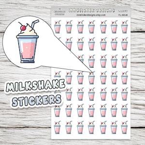 May include: A sheet of milkshake stickers. Each sticker shows a pink milkshake with cream, a cherry, and a straw. The stickers are labelled "Milkshake Stickers" and "Innsticker Designs."