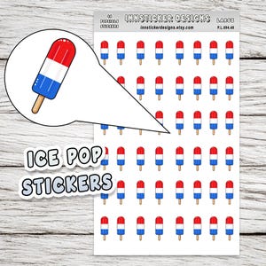 Op de afbeelding: Vel met 40 ijslolly stickers. Elke sticker toont een rood, wit en blauw ijsje op een houten stokje. De vel bevat ook de tekst "Ice Pop Stickers" en de naam en website van de verkoper.