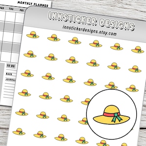 May include: A sticker sheet labelled INNSTICKER DESIGNS featuring a repeating pattern of yellow sun hats with red bands and green bows. A large circular graphic highlights a single sun hat design. A partial monthly planner page is visible on the left.