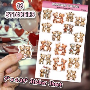 May include: A sheet of 16 stickers featuring watercolor-style teddy bears in pairs, holding hands or embracing. The sticker sheet measures 7" x 4.25". The text "INNSTICKER DESIGNS" and "16 STICKERS" are also visible.