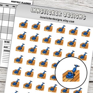 May include: A sticker sheet featuring multiple small illustrations of a blue floor buffer machine on a wooden floor. The top of the sheet displays the text INNSTICKER DESIGNS and innstickerdesigns.etsy.com. One sticker is highlighted in a black circle.