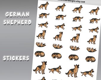 Mini German Shepherd Icon Sticker Sheet, 36 Cartoon Pet Stickers, Coat Color Options for Journals, Scrapbooks, Planners
