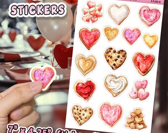 16pc Sticker Sheet, Valentine's Day Cookie Stickers for Journals, Heart Shaped Cookies, Romantic Food, Glossy/Matte Stickers for Hobbies,V26